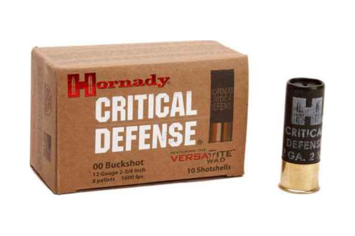 Hornady Critical Defense 00 buckshot 12 gauge box with the Versatite wad, 8 pellets at 1600 fps, 10 shotshells