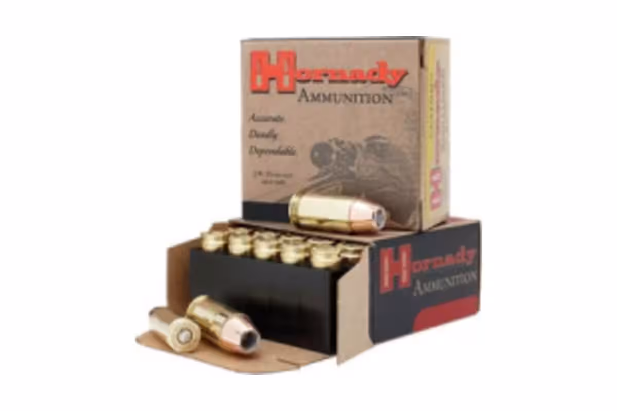 Open Hornady Custom ammunition box with .44 Magnum XTP jacketed hollow point revolver cartridges