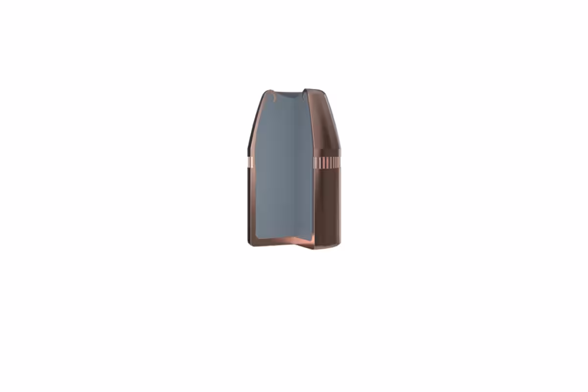 Cutaway of the Hornady DGH Dangerous Game Handgun bullet showing the bonded lead core inside the copper jacket and the flat nose profile