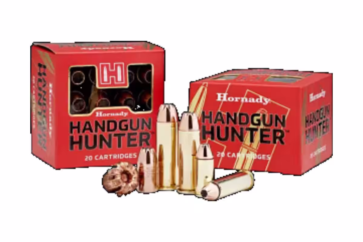 Hornady Handgun Hunter ammunition boxes with MonoFlex solid copper bullets, including one expanded example