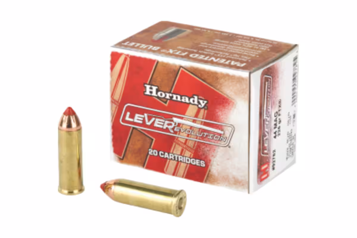 Hornady LEVERevolution .44 Magnum 225 grain FTX ammunition box, item 92782, with two red polymer tipped cartridges