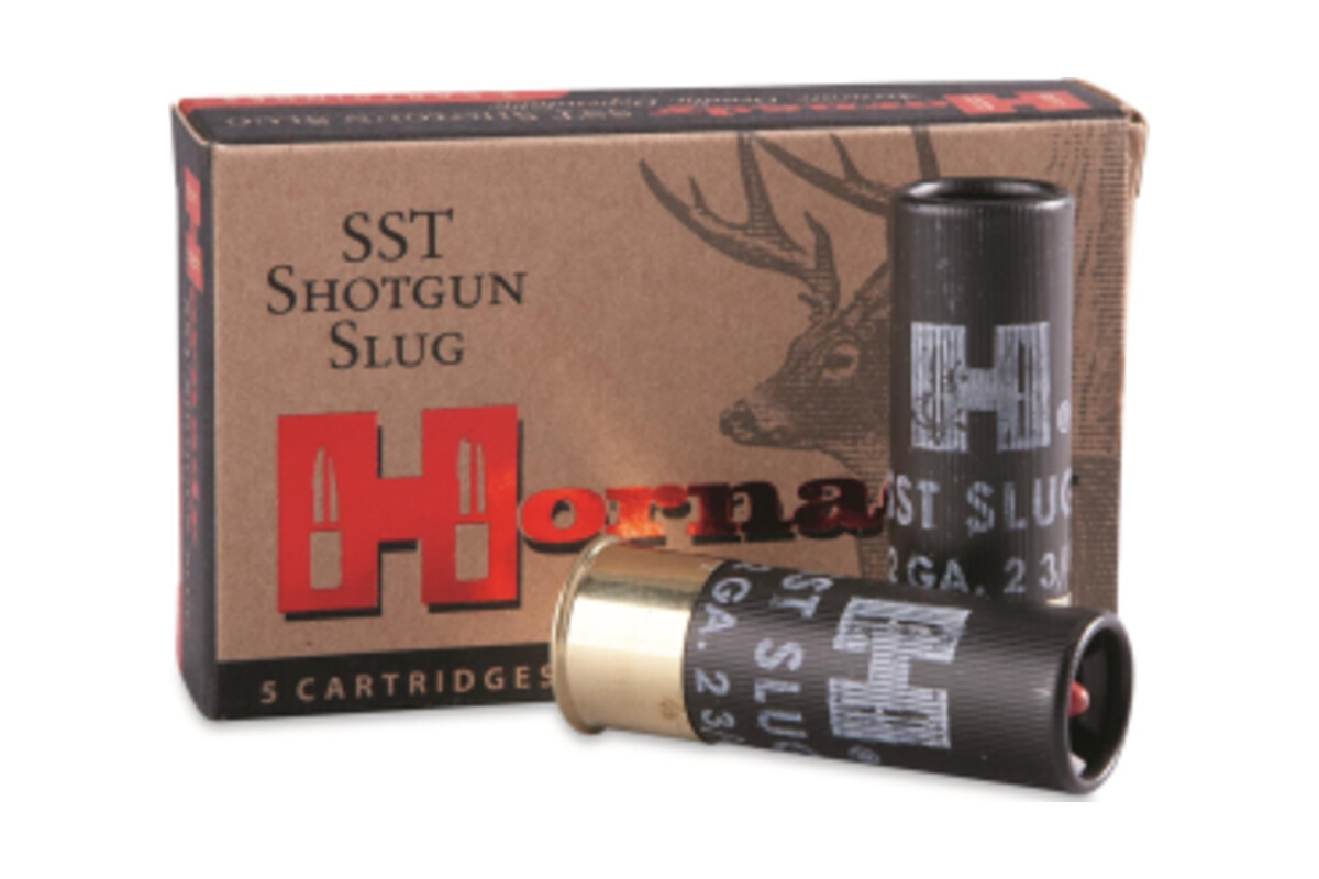 Hornady SST Shotgun Slug 12 gauge 2 3/4 inch ammunition box with two hulls marked SST Slug