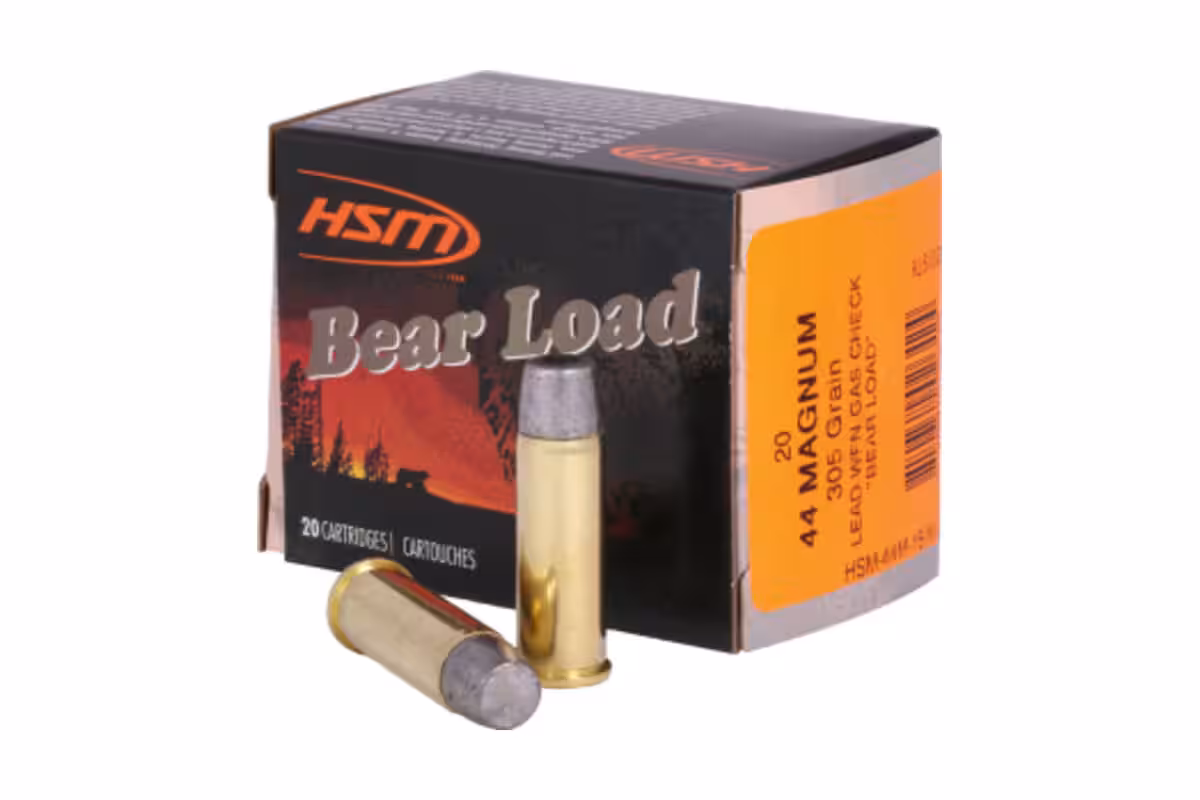 HSM Bear Load .44 Magnum 305 grain lead wide flat nose gas check ammunition box, 20 cartridges