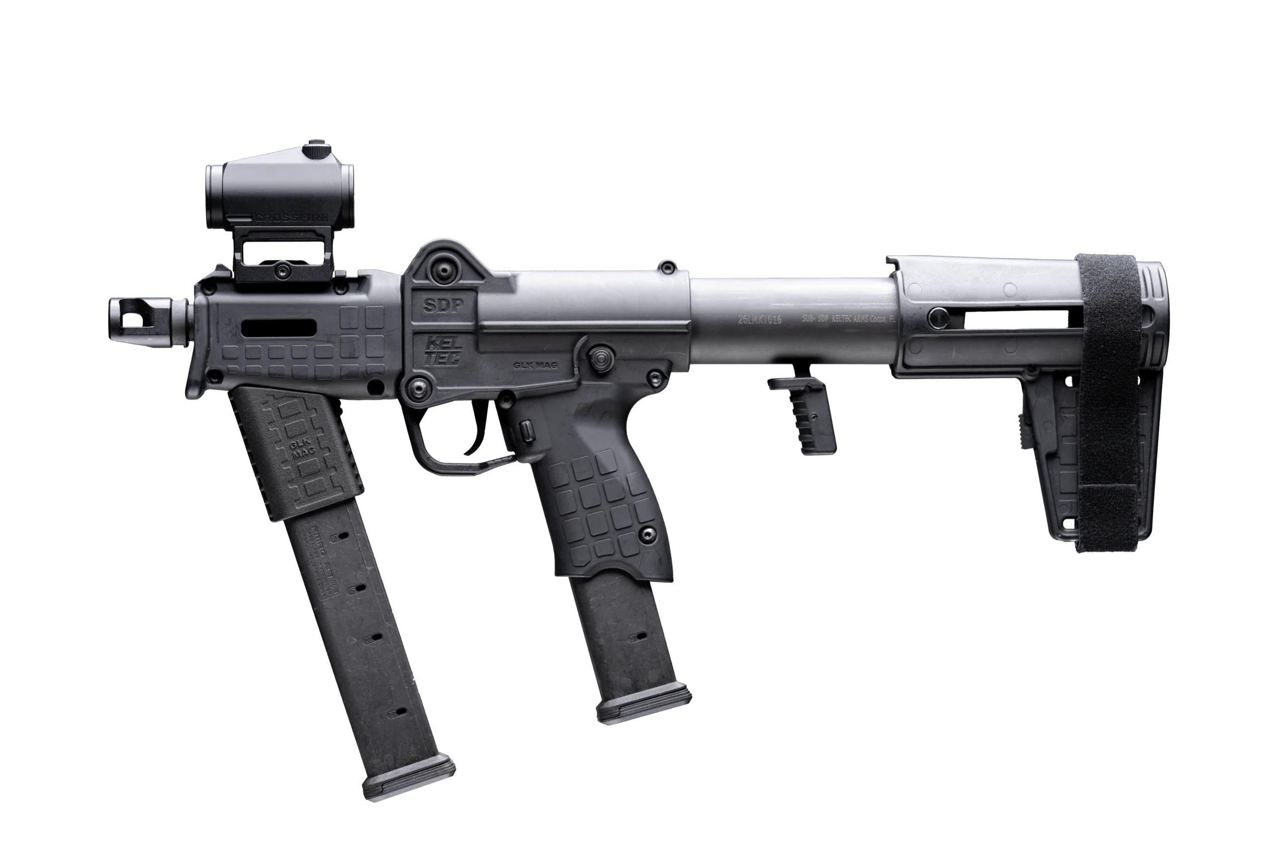 Kel-Tec SUB-SDP deployed with a red dot and Glock-pattern magazine, ready to fire