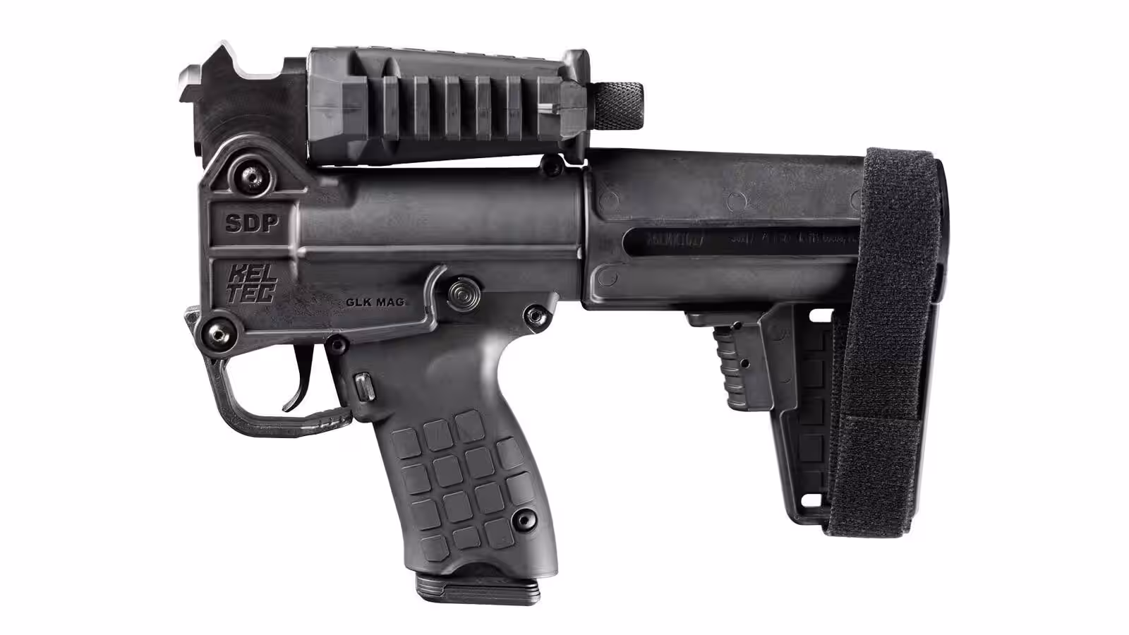 Kel-Tec SUB-SDP folded to 10 inches, showing the SDP receiver marking and integrated brace