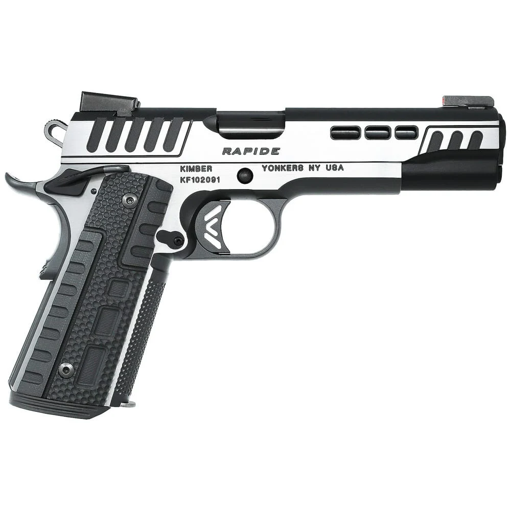Kimber 1911 Rapide Scorpius, satin stainless slide flats with a black barrel and black G10 grips