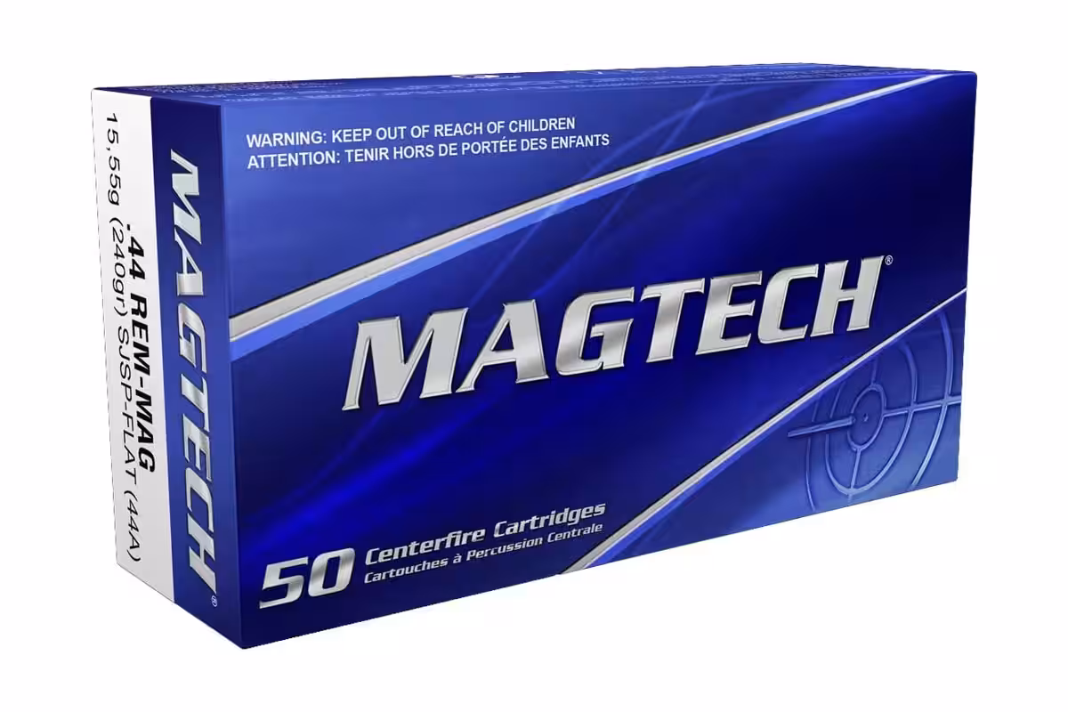Magtech .44 Remington Magnum 240 grain SJSP flat nose ammunition box, item 44A, 50 centerfire cartridges