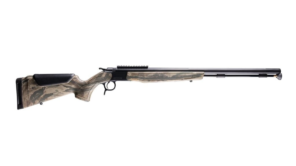 CVA Optima break-action inline muzzleloader with camo stock, black nitride barrel and scope rail