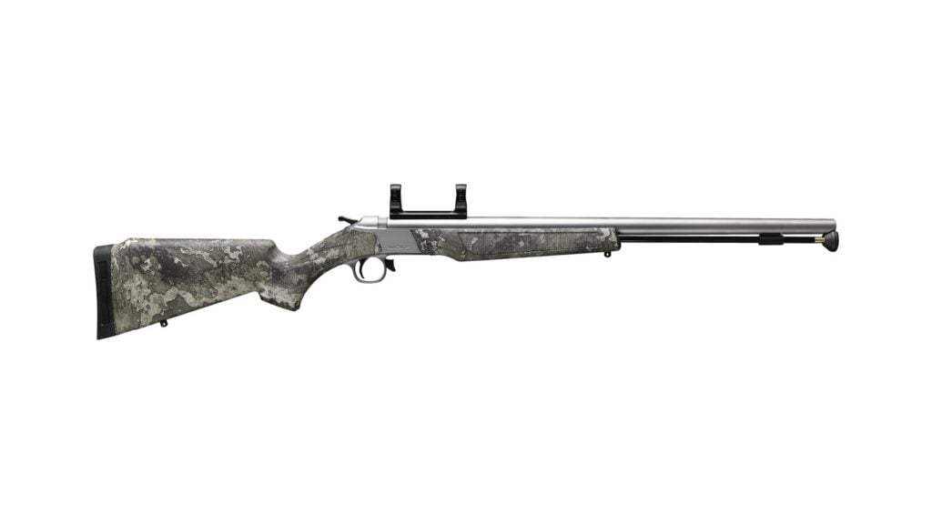 CVA Wolf V2 break-action inline muzzleloader with camo stock, stainless barrel and scope rings