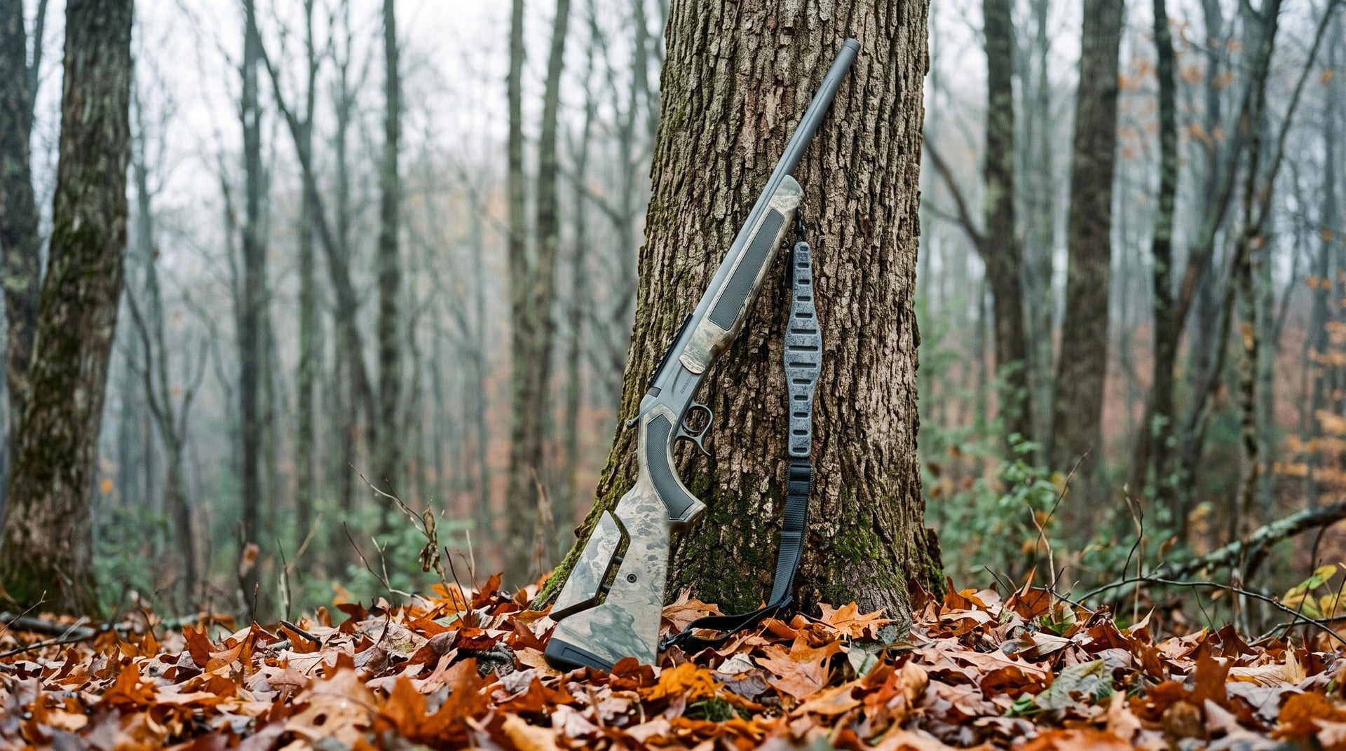 CVA Accura MR-X inline muzzleloader leaning against an oak in an Appalachian hardwood forest in late October