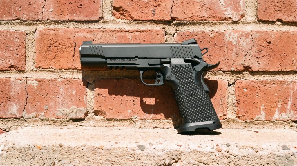 Stealth Arms Platypus double stack 1911 on a concrete ledge against red brick in harsh midday sun