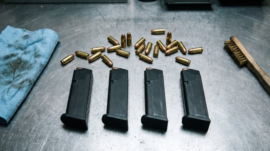 Four black polymer double stack 9mm magazines and loose cartridges on a steel workbench