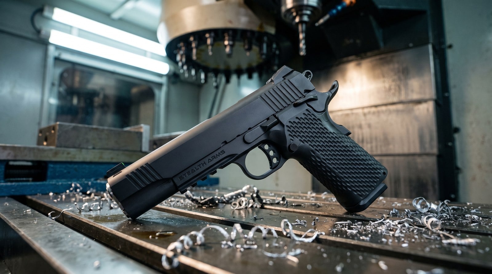 Stealth Arms Platypus double stack 1911 on the steel table of a CNC machine shop with aluminium swarf