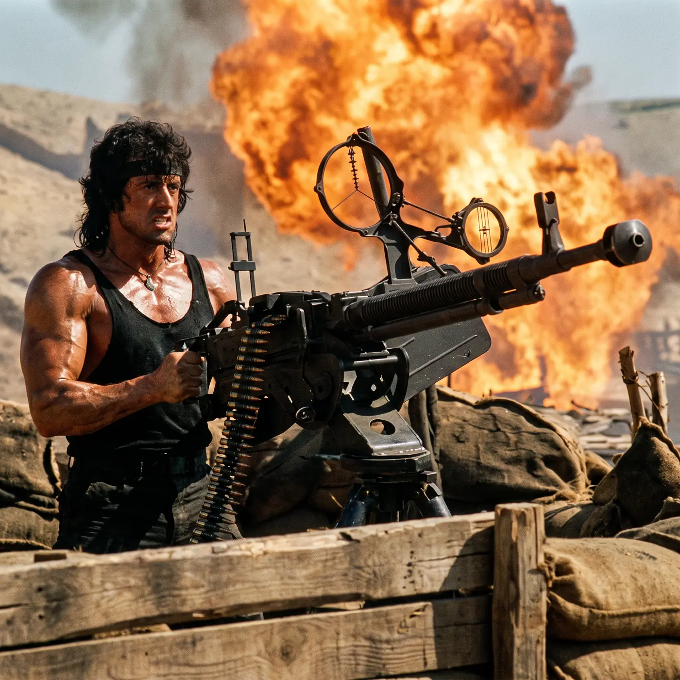 John Rambo behind a belt-fed heavy machine gun, one of the franchise's signature crew-served weapons