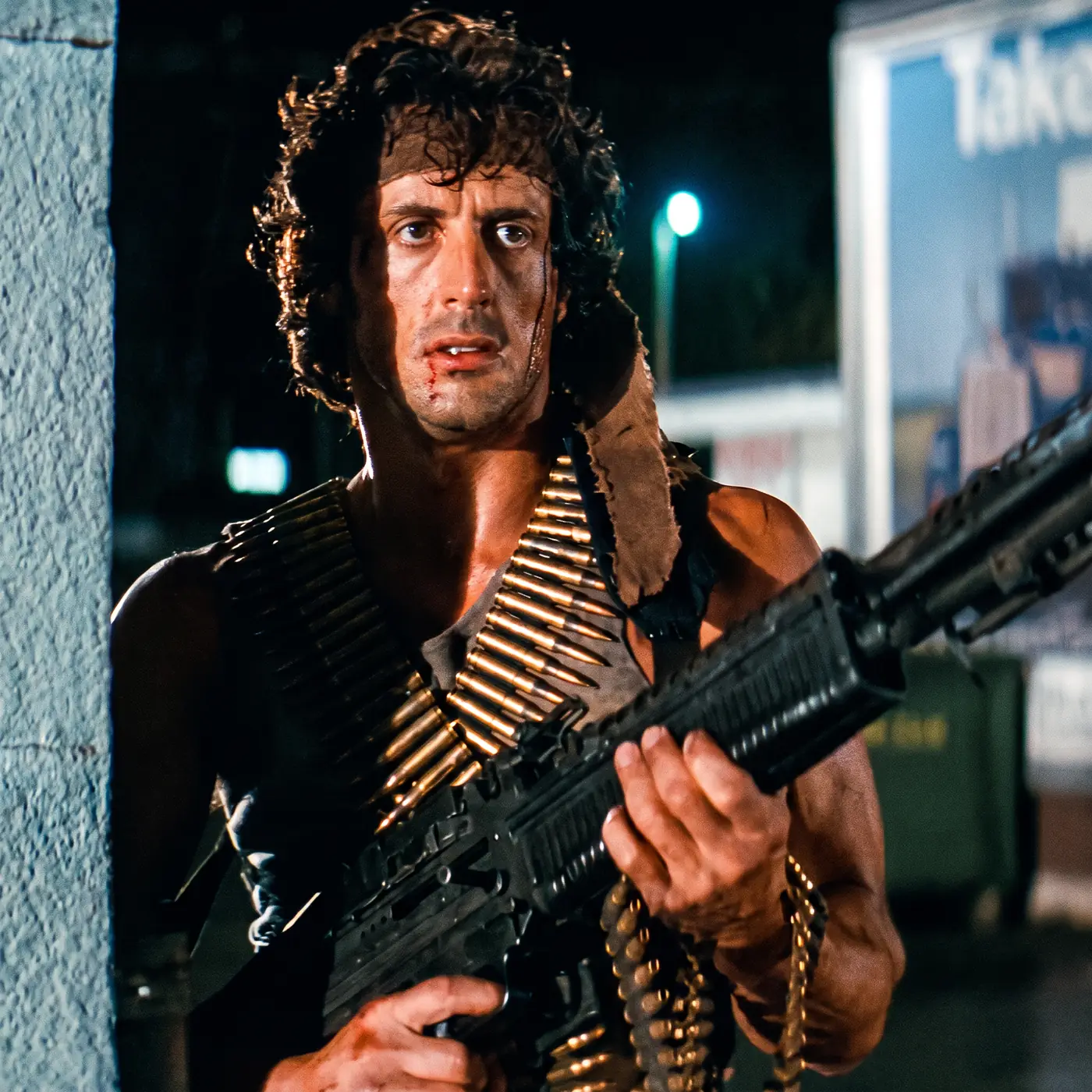 John Rambo with the M60 machine gun during the Hope, Washington rampage in First Blood