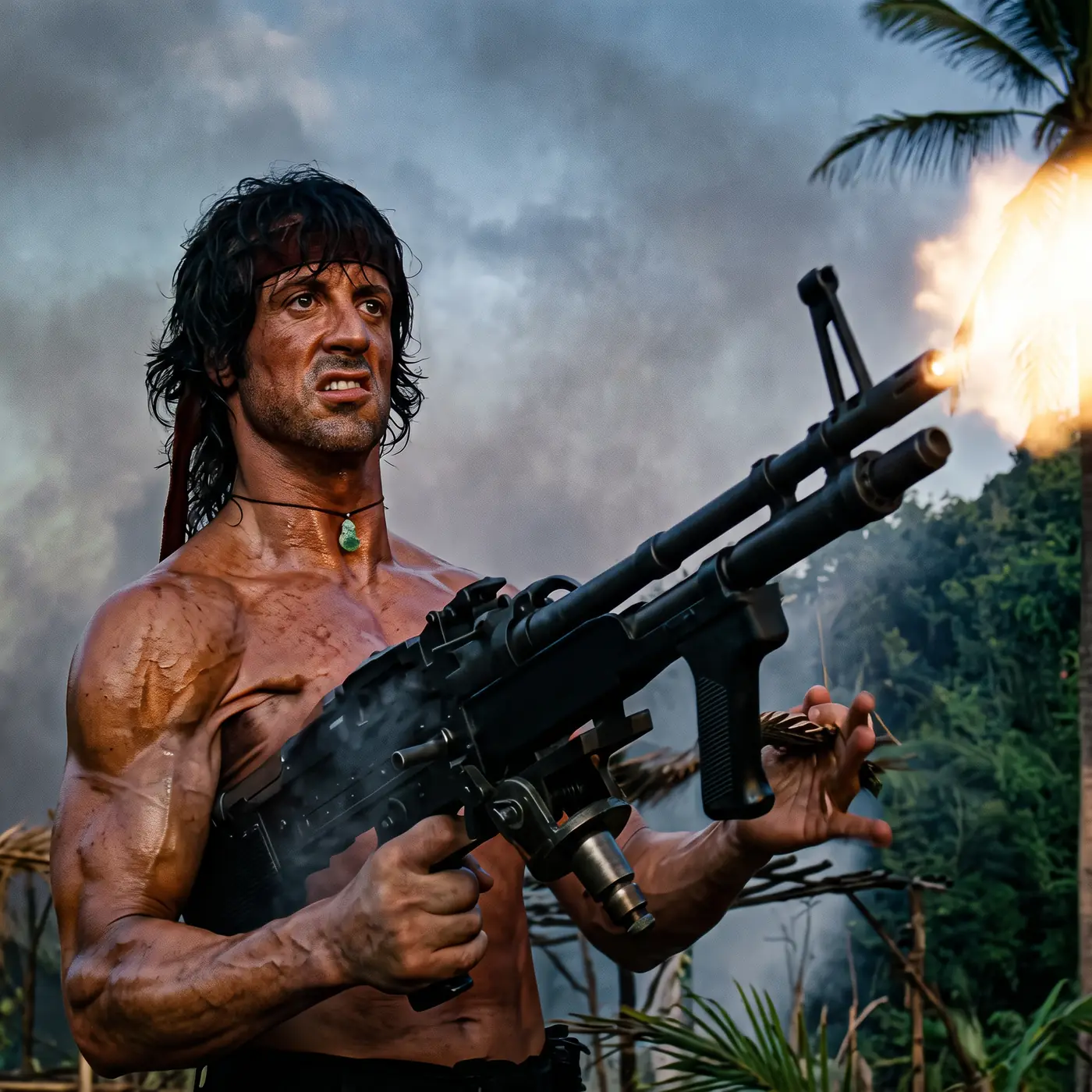 Rambo carries the short-barrelled M60E3 with the belt wrapped around his forearm in First Blood Part II