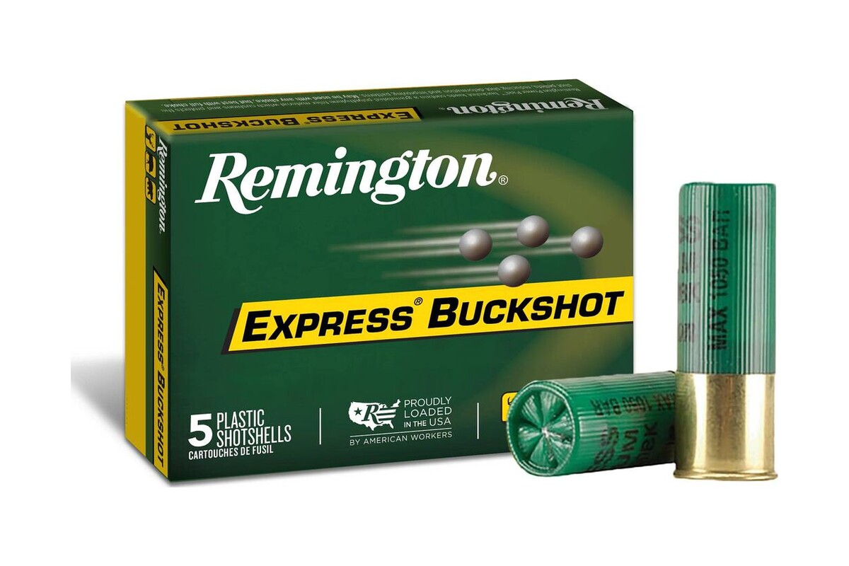 Remington Express Buckshot 12 gauge ammunition box with two green hulls, 5 plastic shotshells