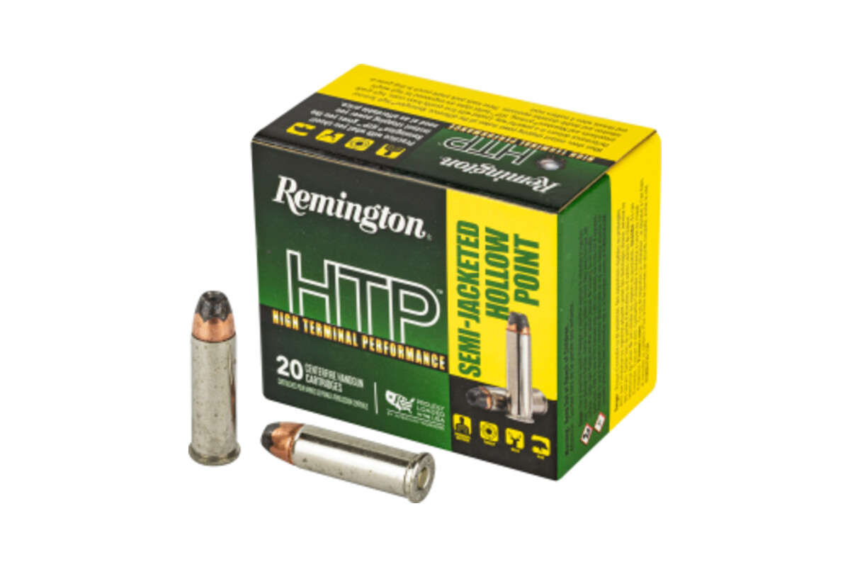 Remington HTP .38 Special semi jacketed hollow point ammunition box with two rimmed revolver cartridges