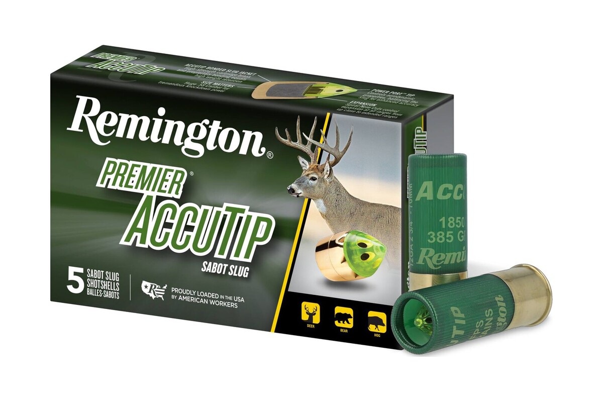 Remington Premier AccuTip sabot slug 12 gauge box with two green hulls marked 1850 FPS 385 grains