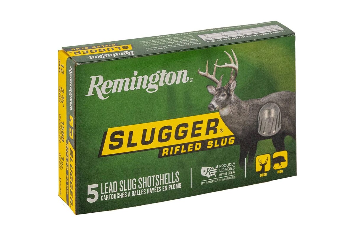 Remington Slugger rifled slug 12 gauge ammunition box, 5 lead slug shotshells, 1560 fps, 1 oz