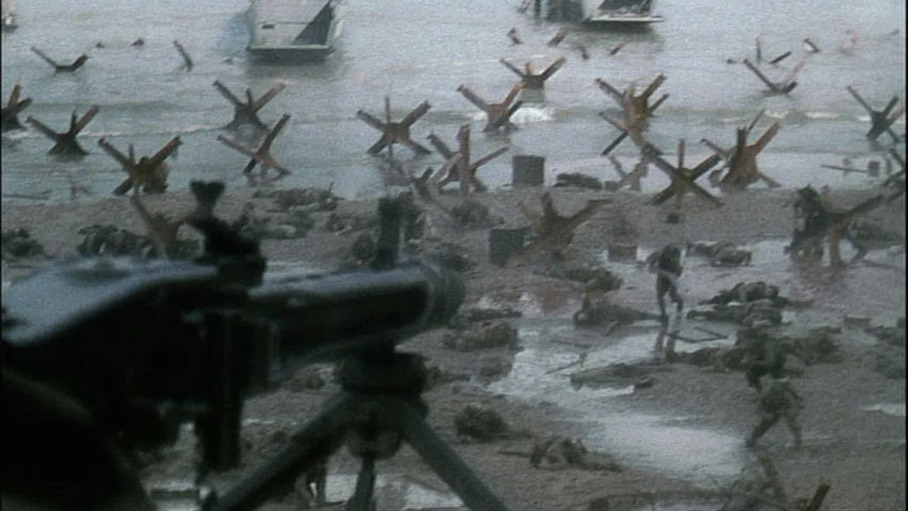 The gunner view over an MG 42 looking down on the Omaha Beach landing in Saving Private Ryan