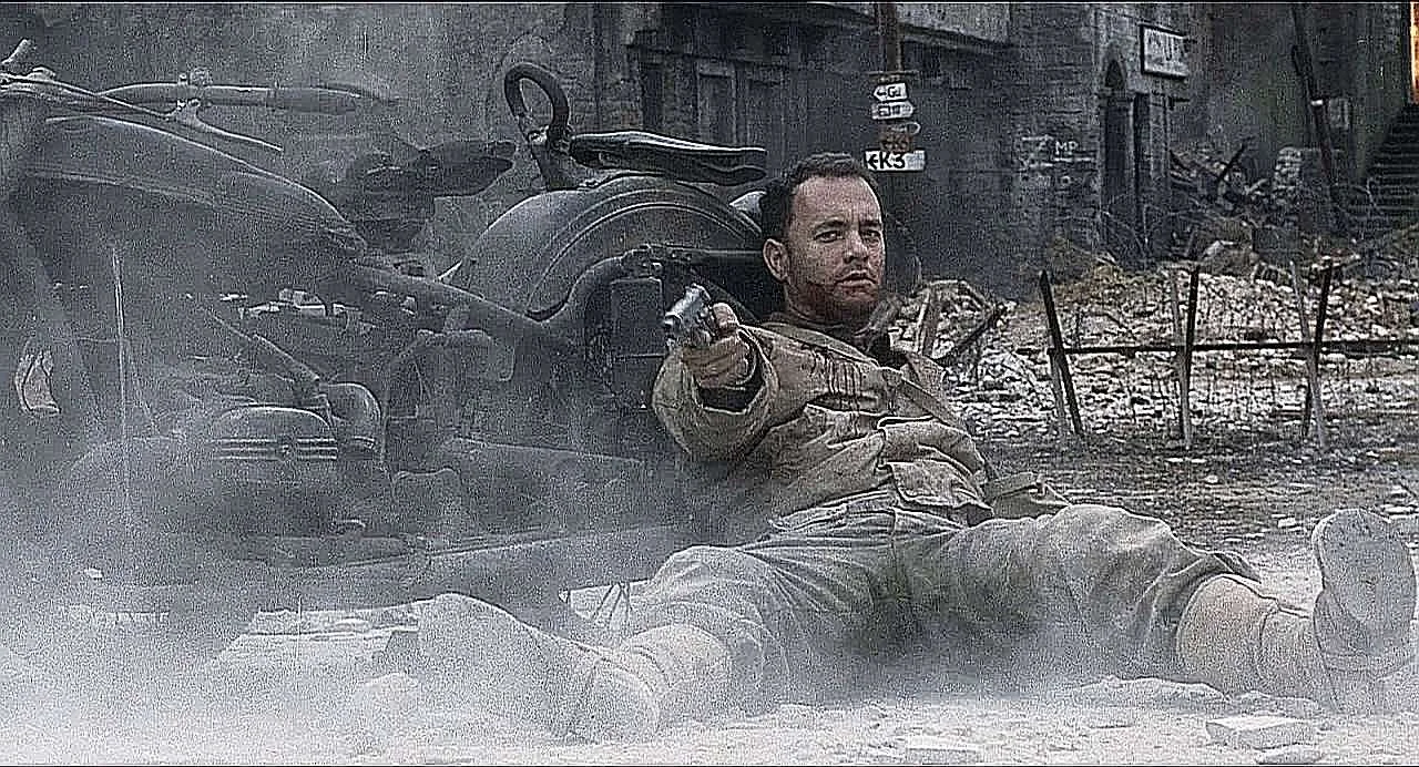 A mortally wounded Captain Miller firing his M1911A1 pistol at an advancing tank on the bridge in Saving Private Ryan