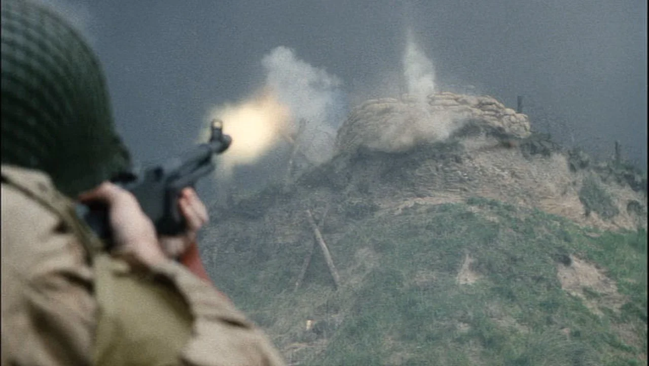 Private Reiben firing his bipod-less Browning Automatic Rifle at a German position in Saving Private Ryan