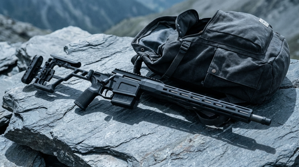 SIG Cross rifle on slate rock beside a hiking backpack in the mountains