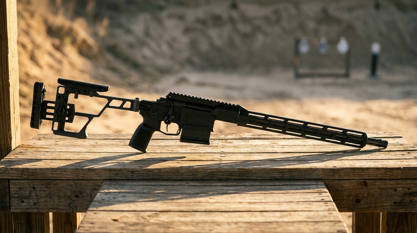 SIG Cross .308 bolt-action rifle on a wooden shooting bench at golden hour