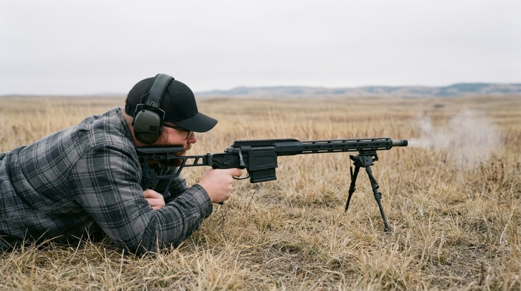 Shooter prone behind a SIG Cross .308 rifle on a bipod on open prairie