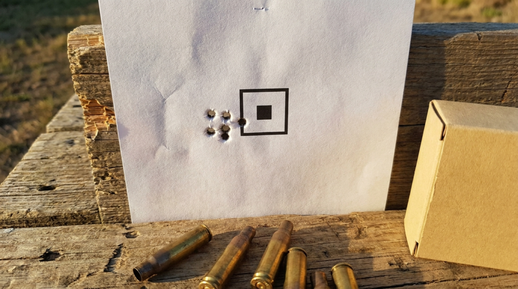 Paper target showing a five-shot .308 group from the SIG Cross with spent brass