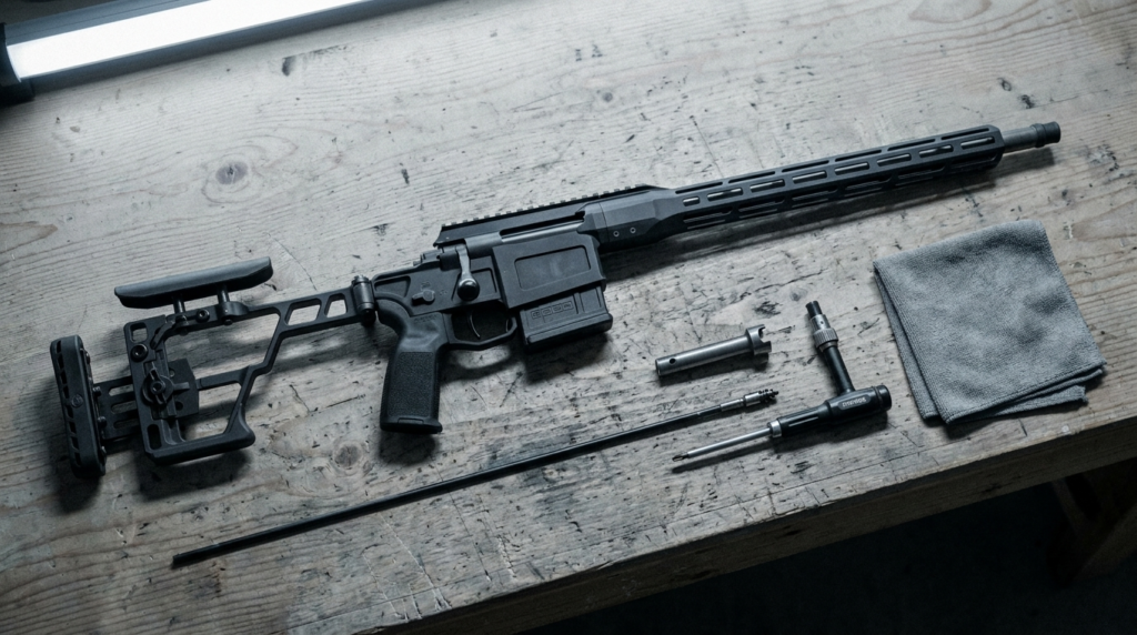 SIG Cross rifle on a workbench with cleaning rod and torque driver