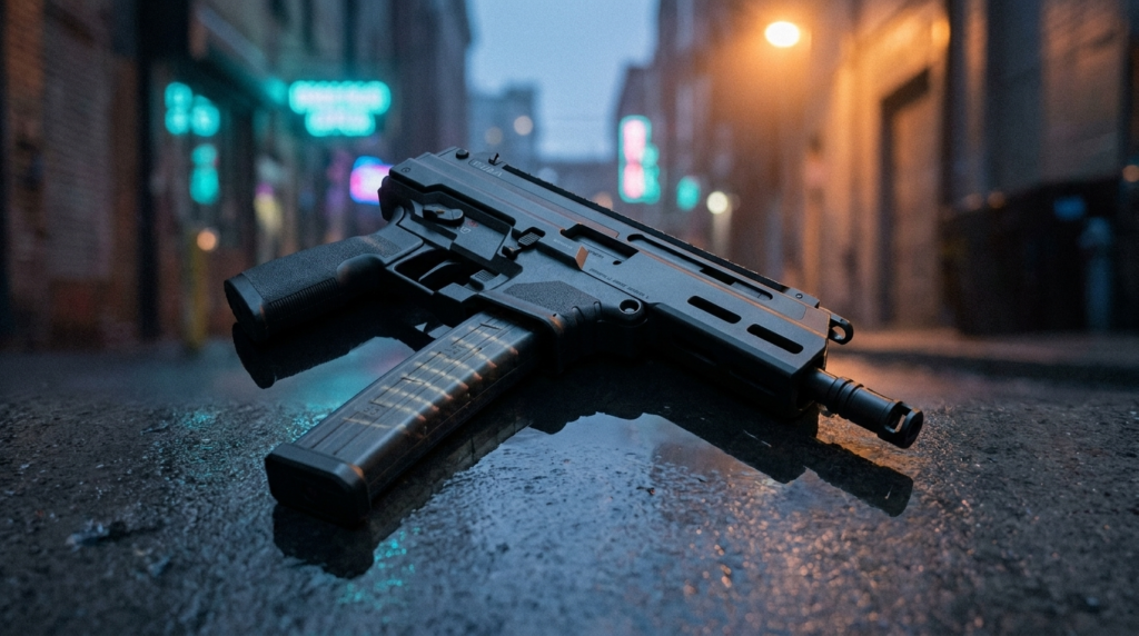 Springfield Kuna 9mm pistol on wet city concrete at blue hour