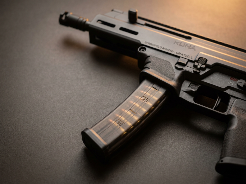 Close-up of the Springfield Kuna translucent 30-round magazine