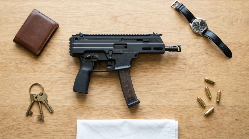 Springfield Kuna 9mm pistol in an everyday carry flat-lay