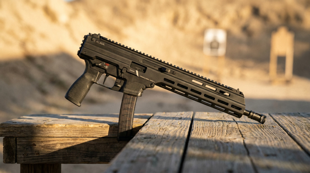 Springfield Armory Kuna 9mm pistol on a wooden shooting bench at golden hour