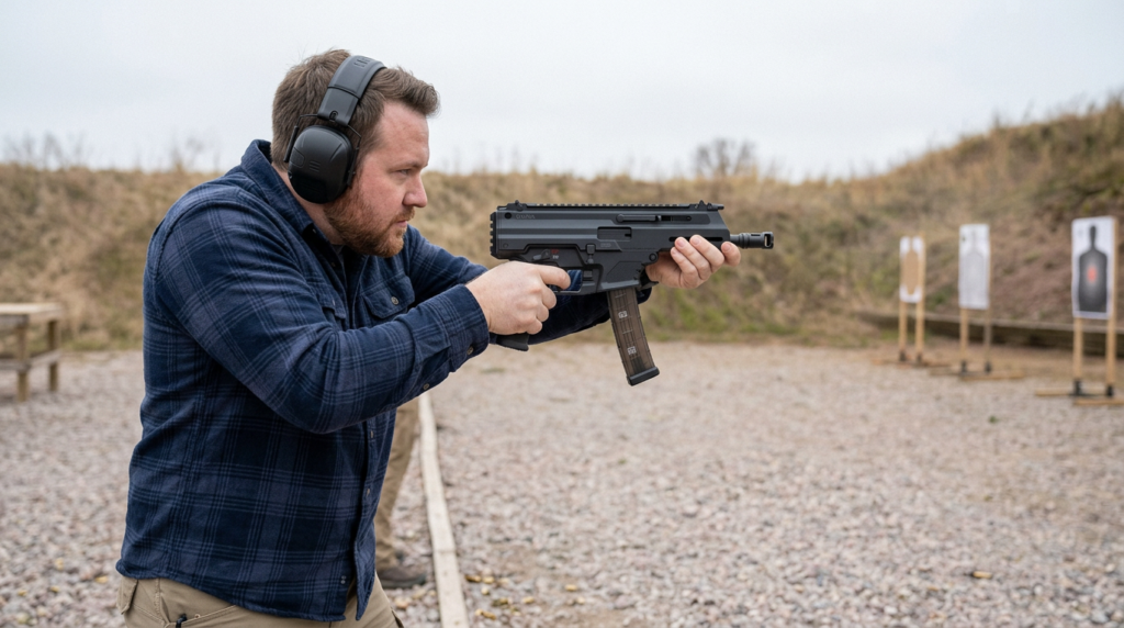 Shooter firing the Springfield Kuna 9mm at an outdoor range