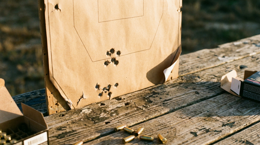 Paper target showing a five-shot 9mm group from the Springfield Kuna