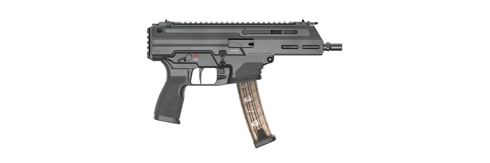 Springfield Armory Kuna Tri-Lug 9mm roller-delayed pistol with translucent magazine and tri-lug barrel