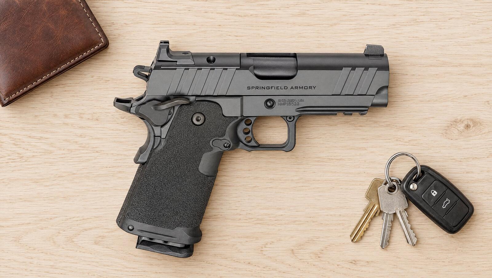 Springfield Armory 1911 DS Prodigy 3.5 inch AOS lying on an oak table beside a wallet and keys