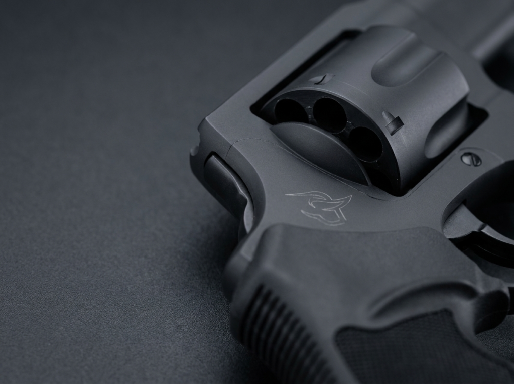 Close-up of the Taurus 856 six-shot cylinder and shrouded hammer