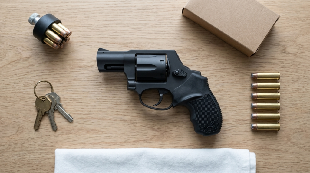 Taurus 856 revolver flat-lay with speedloader and .38 Special cartridges