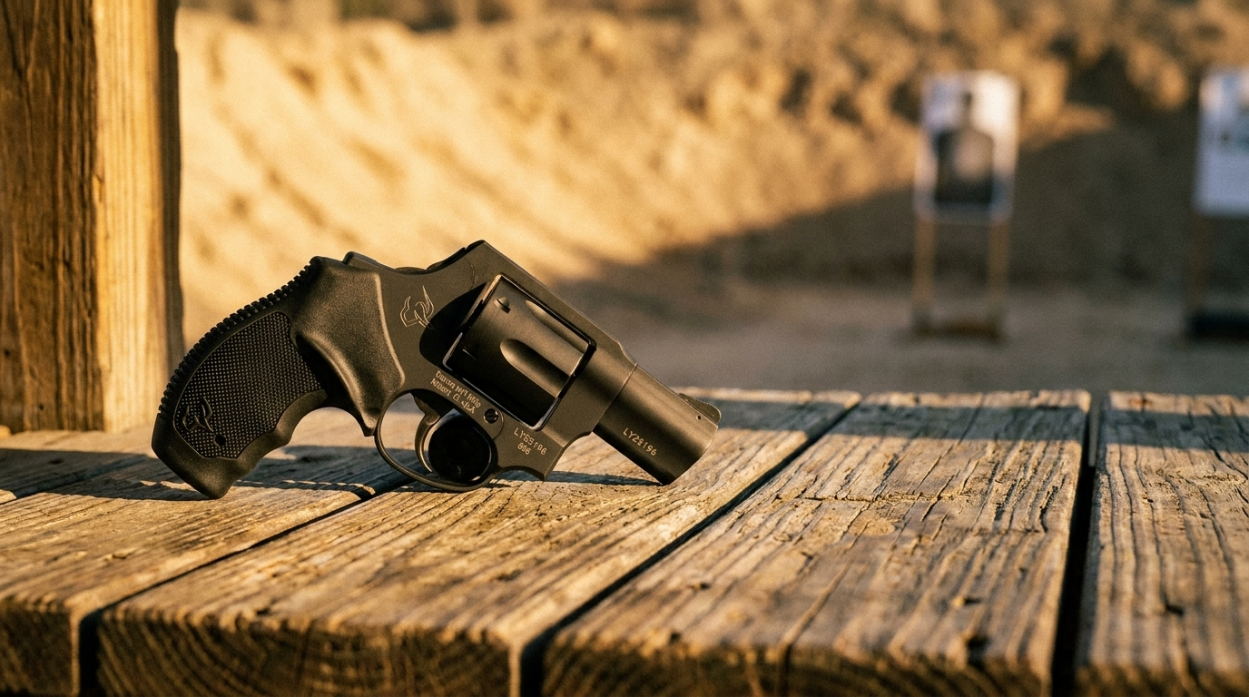 Taurus 856 .38 Special revolver on a wooden shooting bench at golden hour
