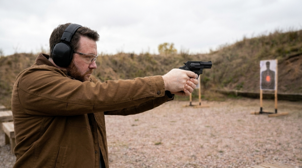 Shooter firing the Taurus 856 .38 Special at an outdoor range