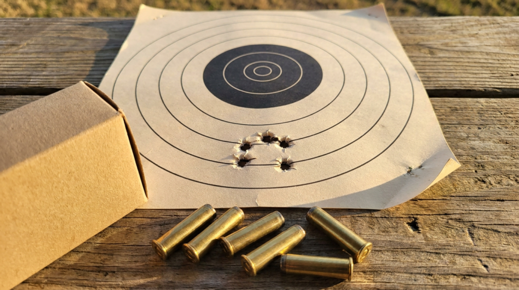 Paper target showing a six-shot .38 Special group from the Taurus 856