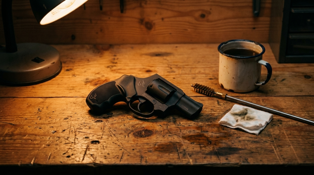 Taurus 856 revolver on a workbench with cleaning kit under a task lamp
