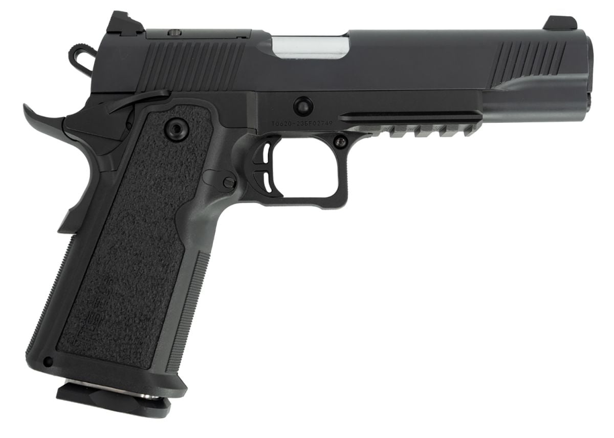 Tisas 1911 Duty DS double stack 9mm pistol showing the flared magwell and accessory rail