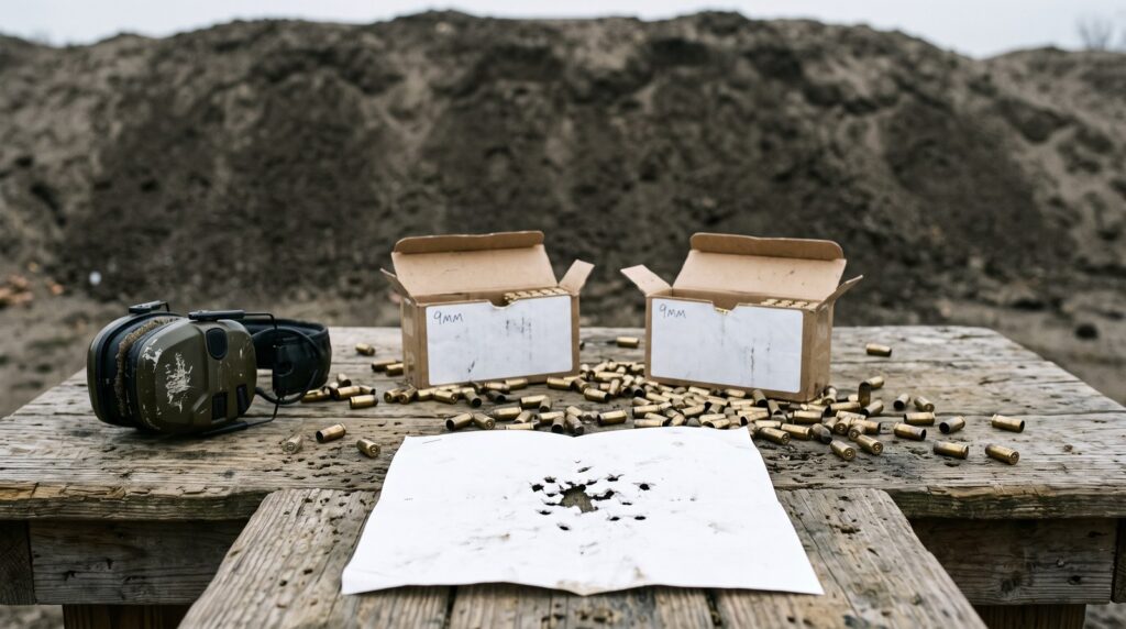 Range bench covered in spent 9mm brass with ammunition boxes and a shot paper target