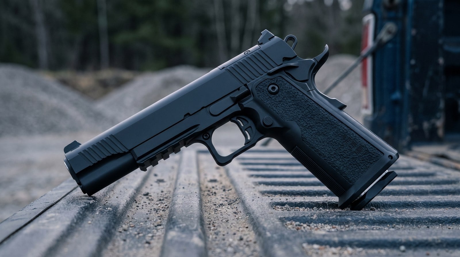 Tisas 1911 Duty DS double stack 9mm pistol on the steel tailgate of a work pickup at blue hour