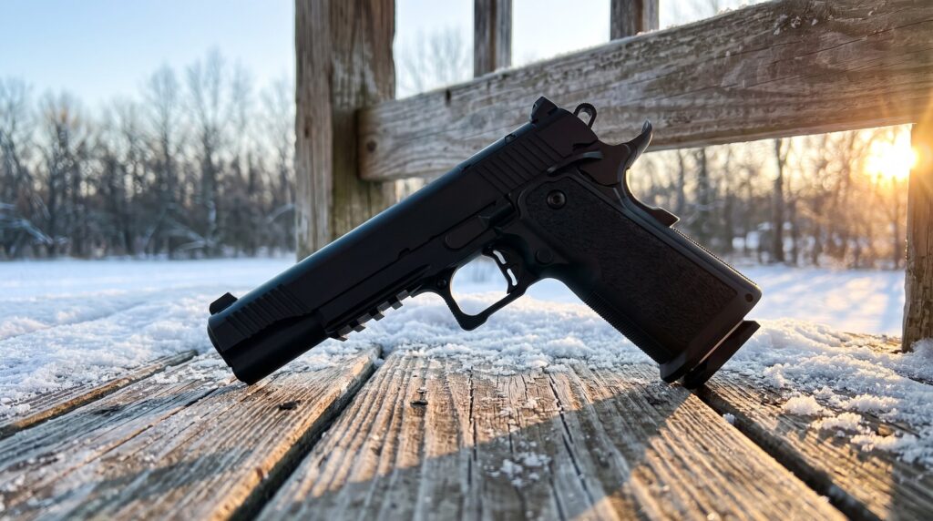 Tisas 1911 Duty DS double stack pistol on snow-dusted cedar planks at sunrise